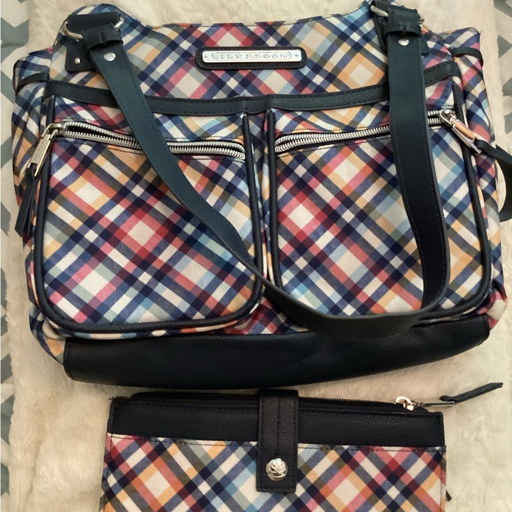 Lily Bloom Navy Multicolor Plaid Tote with Matching Wallet